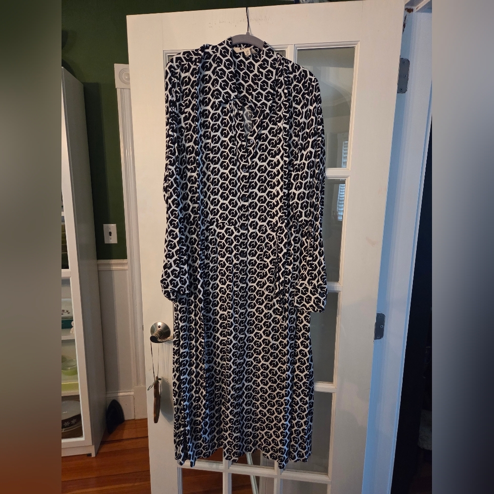 Boden Black & White Geometric Long Sleeve Shirt Dress - Size 14R